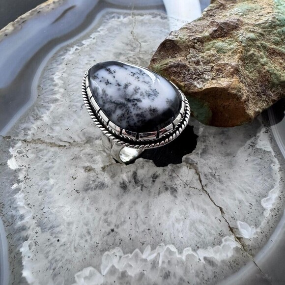 Sterling Southwestern Style Large Teardrop Dendrite Agate Ring Size 10 For Women - Picture 3 of 10